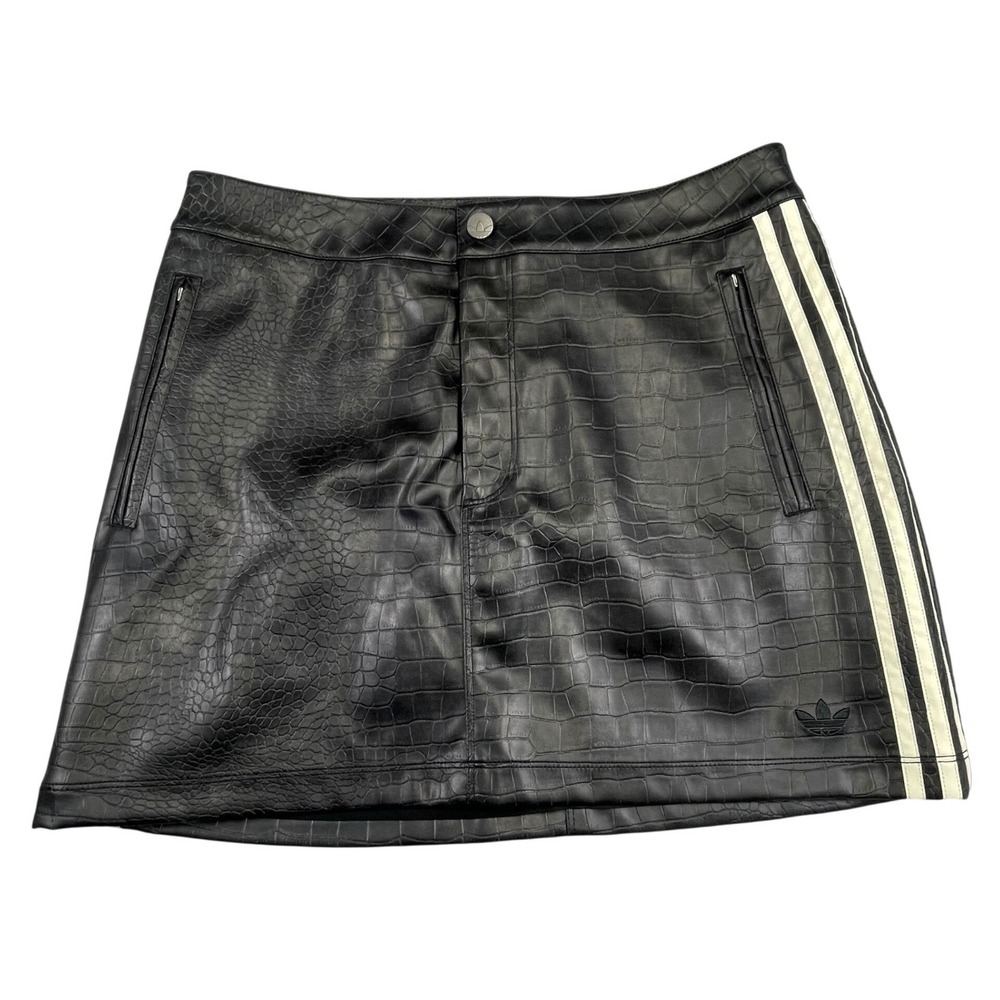 Adidas Originals Womens Black Faux Leather Croc Embossed Mini Skirt Size 16 NEW
